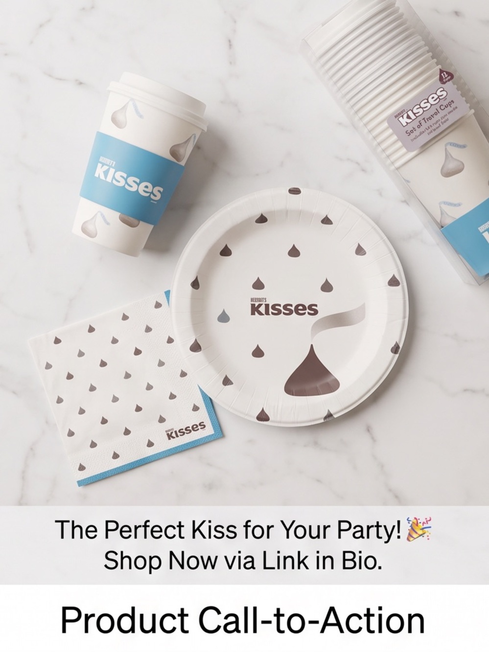 Kiss Disposable Party Plate, Cup & Napkin Set — White and Brown with Blue Accent